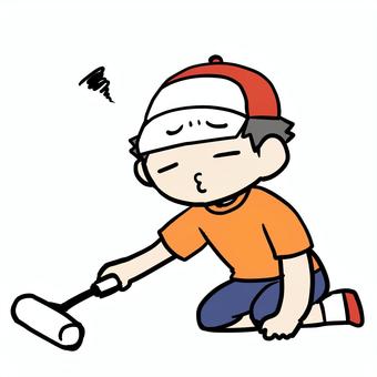 コロコロをかける不満な少年 小学生,コロコロ,掃除,不満,いやいや,不本意,やりたくない,義務,役割,趣味のイラスト素材