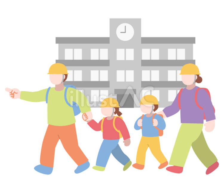 学校と避難する人物 避難,災害,震災のイラスト素材