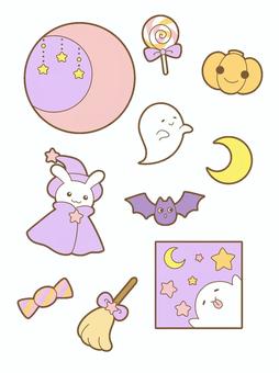 かわいいハロウィンセット（うさぎ） セット,ハロウィン,月,うさぎ,カボチャ,コウモリ,おばけ,ほうき,キャンディ,黄色のイラスト素材