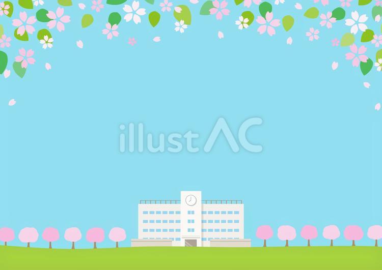 桜と学校の背景-入学や卒業のイラスト01 卒業,卒業式,入学式のイラスト素材