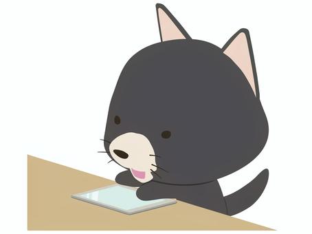 タブレット_犬 タブレット,犬,笑顔,動物,かわいい,操作のイラスト素材