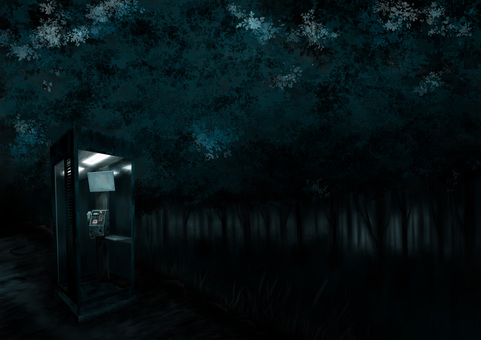 夜の心霊スポットの不気味な電話ボックス 電話ボックス,心霊スポット,公衆電話,不気味,怖い,ホラー,恐怖,オカルト,電話,お化けのイラスト素材