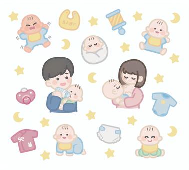 赤ちゃんと授乳&ミルクをあげるママとパパ 赤ちゃん,授乳,ママ,パパ,お母さん,お父さん,夫婦,表情,育児,新生児のイラスト素材