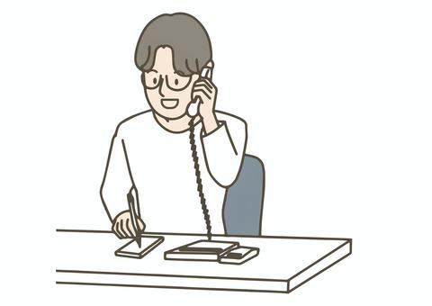 電話応対しながらメモを取る男性 社会人,会社員,オフィスカジュアル,ビジネス,オフィス,職場,デスクワーク,電話,コールセンター,メモのイラスト素材