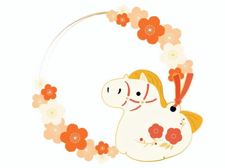 年賀状フレーム　梅のあしらい枠　赤3 年賀状,お正月,午,冬,午年,馬,祝い,フレーム,水引,謹賀新年のイラスト素材