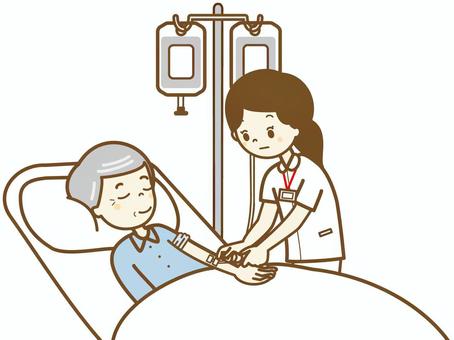 入院　点滴しましょうね3 おじいさん,高齢者,寝たきり,寝る,点滴,ベッド,看護師,入院,病院,白衣のイラスト素材