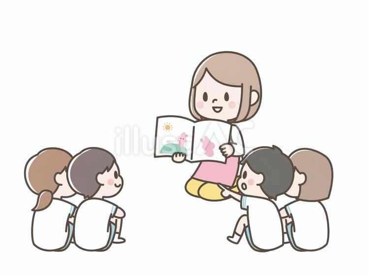 読み聞かせをする先生と子どもたち 読み聞かせ,幼稚園,保育園のイラスト素材