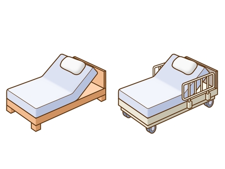 ベッド／介護ベッド：ベッドアップ、枕あり ベッド,リクライニングベッド,介護ベッド,寝具,家具,木材,木製,金属,柵,キャスターのイラスト素材