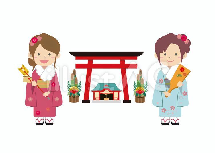 正月　元旦　振袖　女性 正月,初詣,振袖のイラスト素材