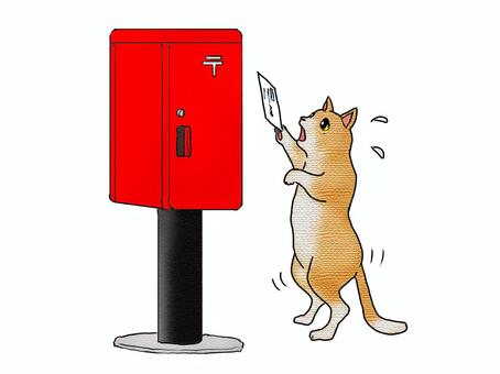 と・・届きませんやん 動物,猫,葉書,ポスト,汗,全身,手書きのイラスト素材