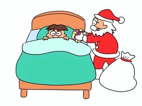 枕元にプレゼントを届けるサンタのイラスト クリスマス,サンタクロース,プレゼント,サンタ,子供,男の子,少年,ベッド,ふとん,枕のイラスト素材