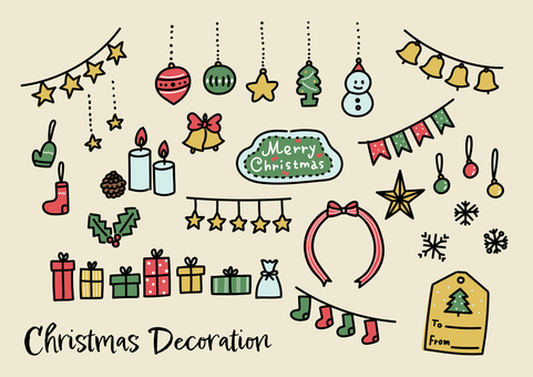 クリスマス飾りの手描き風素材（ライン有） クリスマス,飾り,冬,12月,手描き,ゆるい,ナチュラル,オーナメント,ガーランド,ヒイラギのイラスト素材