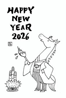 年賀状2026（013）モノクロ 年賀状,正月,2026年,令和8年,線画,手書き,フリーハンド,シンプル,イラスト,馬のイラスト素材