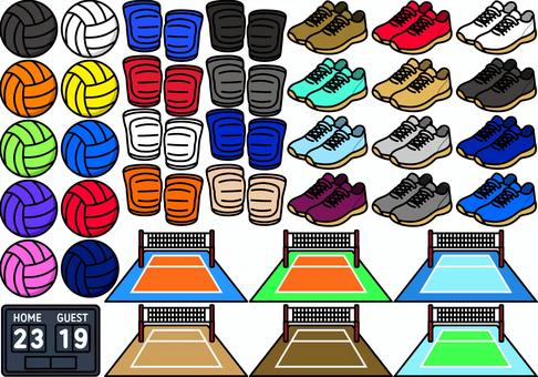 バレーボールのアイテムです。 バレーボール,シンプル,コート,スコアボード,体育館,シューズ,室内,スポーツ,靴,運動のイラスト素材