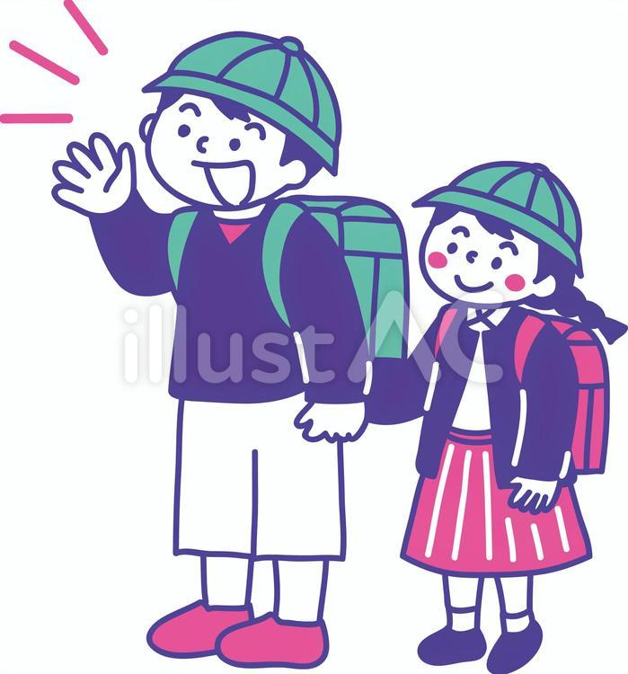妹を連れて登校するお兄ちゃん　３色 入学,４月,初登校のイラスト素材