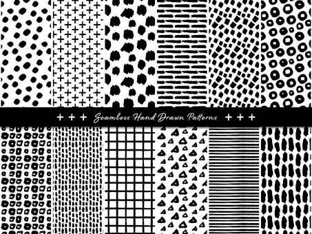 手描き風モノクロパターンセット 手描き,模様,パターン,ドット,ストライプ,ライン,グリッド,チェック,プラス,クロスのイラスト素材