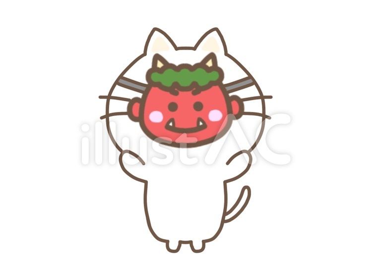 鬼のお面をつけたねこ 猫,白猫,節分のイラスト素材