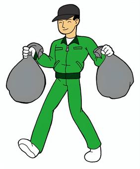 男性　ごみ収集作業員　イラスト 男性,ごみ収集,作業員,黒色,帽子,白色,手袋,くつ,緑色,ジャケットのイラスト素材