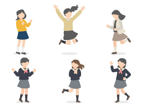 人物素材162＿女の子セット 女の子,女子高生,jk,ジャンプ,飛び跳ねる,人物,ポーズ,セット,手描き,女性のイラスト素材