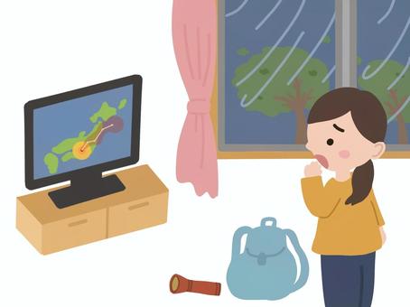 台風に備える女性 台風,暴風,テレビ,情報,ニュース,天気予報,室内,防災,リュック,懐中電灯のイラスト素材