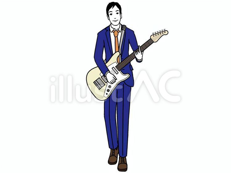 ギターを弾くサラリーマン_男性 ギター,エレキギター,音楽のイラスト素材