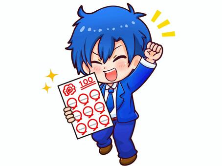 100点テストと男の子のイラスト素材2 答案用紙,テスト,満点,100点,ガッツポーズ,男性,人物,ちびキャラ,高校生,男の子のイラスト素材