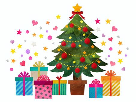 クリスマスツリーとプレゼント クリスマスツリー,プレゼント,箱,リボン,星,ハート,キラキラ,水彩,イラスト,手描きのイラスト素材