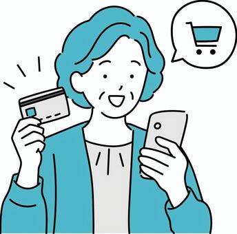 スマホで課金するシニア女性のイラスト シニア,女性,初老,おばあちゃん,スマホ,クレジットカード,課金,買い物,決済,支払いのイラスト素材