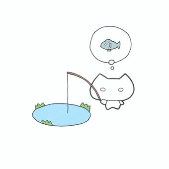 釣りをする猫のキャラクター 猫,マスコット,ゆるキャラ,ちびキャラ,アイコン,シンプル,かわいい,デフォルメ,釣り,趣味のイラスト素材