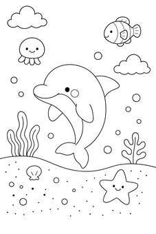 【ぬりえ】イルカと海の仲間 ぬりえ,イルカ,クラゲ,魚,ヒトデ,貝殻,海,生き物のイラスト素材