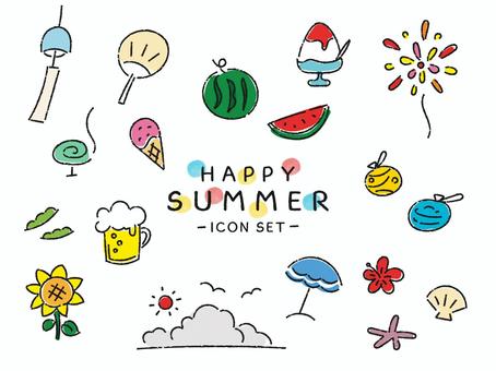 カラフルな夏の可愛い手描きイラストセット 夏,スイカ,風鈴,花火,かき氷,うちわ,パラソル,ヨーヨー,ひまわり,蚊取り線香のイラスト素材