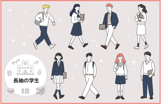 長袖の学生生活イラストセット 学生,高校生,中学生,制服,長袖,ニット,セーター,登校,読書,勉強のイラスト素材