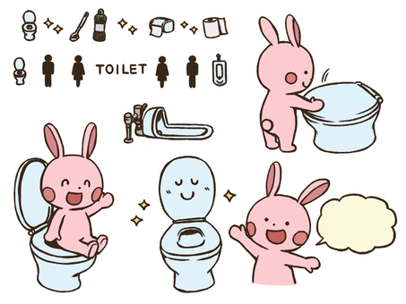 トイレセット(太線版) トイレ,ウサギ,飾り線,ブラシ,洗剤,トイレットペーパー,男,女,シルエット,マークのイラスト素材