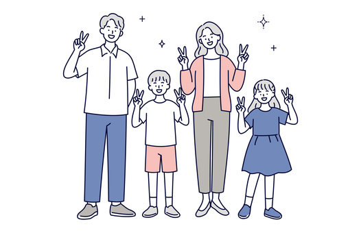 元気にピースする４人家族のイラスト素材 家族,父親,母親,子ども,男の子,女の子,親子,仲良し,笑顔,幸せのイラスト素材