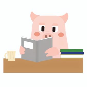 読書_本を読む豚さん 動物,生き物,豚,ブタ,ポーク,読書,本,読む,秋,アイコンのイラスト素材