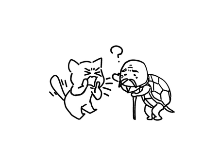 耳が遠い老カメに話しかけるネコ ゆるい,かわいい,お年寄り,カメ,ネコ,難聴,介護,動物のイラスト素材