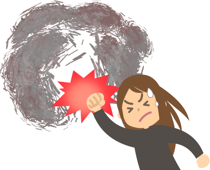 自分の中の葛藤を自ら払いのけた女性1 悩み,もやもや,迷い,後悔,葛藤,打ち勝つ,払いのける,追い払う,殴る,パンチのイラスト素材