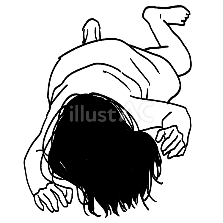 うつ伏せの髪の長い女の線画 女性,人物,うつ伏せのイラスト素材