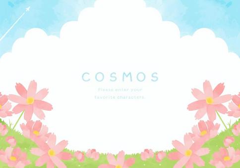 綺麗な青空とコスモスの花畑の背景イラスト コスモス,植物,秋,花,背景,青空,かわいい,淡い,ピンク,ほのぼののイラスト素材