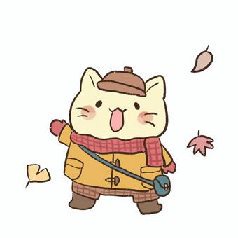 秋服を着て出かけるゆるい猫のイラスト 猫,動物,キャラクター,かわいい,ゆるい,ファッション,秋服,お出かけ,おしゃれ,笑顔のイラスト素材