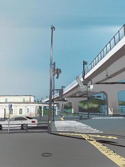 高架下交差点 高架下,交差点,点字ブロック,信号機,横断歩道,青空のイラスト素材