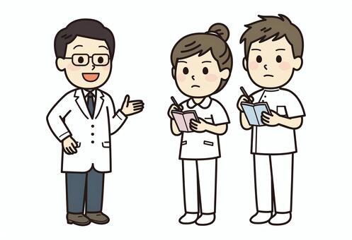 説明する医師とメモを取る看護師 医者,看護師,先輩,後輩,メモ,新人研修,男女,引継ぎ,教育,新人のイラスト素材