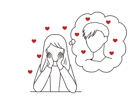 恋する女性 恋愛,恋愛中,女性,恋煩い,想像,吹き出し,頬杖,顔なし,線画,ハートのイラスト素材
