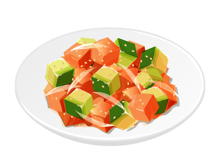 サーモンのポキ ポキ,サーモン,ハワイ料理,料理,食べ物,玉ねぎ,ゴマ,皿のイラスト素材