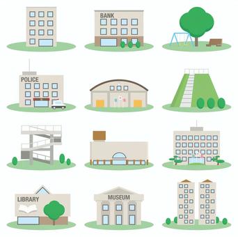 街の建物・施設のアイコンセット2 ビル,会社,銀行,公園,警察署,体育館,高台,津波避難タワー,ショッピングモール,役場のイラスト素材