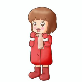 マフラーを直す女の子（冬の日常ポーズ） 女の子,冬,冬服,コート,マフラー,手袋,ブーツ,かわいい,笑顔,日常のイラスト素材