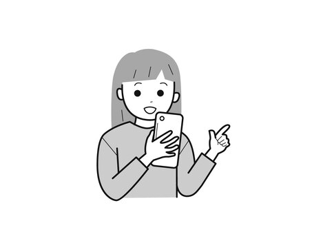 スマホと指差しで話す女子2／白黒 上半身,長袖,指差し,スマホ,話す,子供,女の子,女児,小学生,幼児のイラスト素材