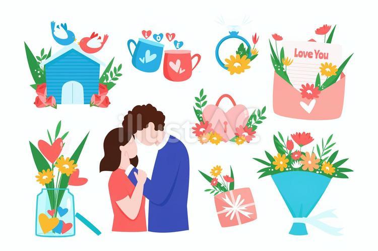ハッピーバレンタインデーのセット（鳥、ハート形の南京錠、人物など） バレンタイン,2月14日,カップルのイラスト素材