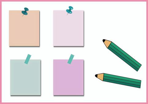 鉛筆とメモフレーム 画鋲,フレーム,メモ,鉛筆,筆記用具,マスキングテープ,押しピン,ラベル,ピン,張り紙のイラスト素材