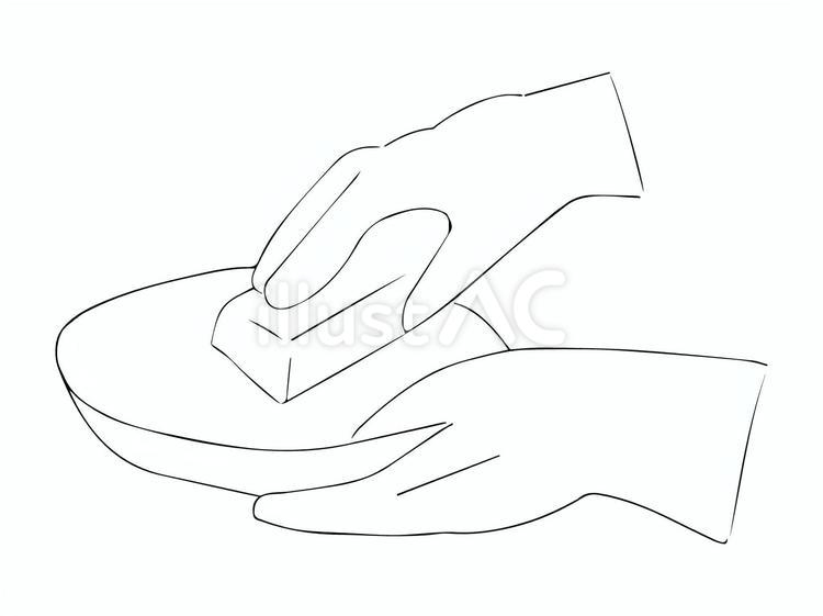 モノクロのお皿洗いする手元 皿,洗う,洗いのイラスト素材
